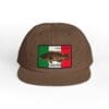 Brown cap with a Mexican flag patch and a fish illustration.