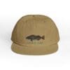 Tan cap featuring a fish graphic and text on the front.