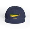 Navy blue cap with a colorful fish embroidery and the word 'Mahalo'.