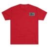 Red t-shirt with a small rectangular graphic on the chest.