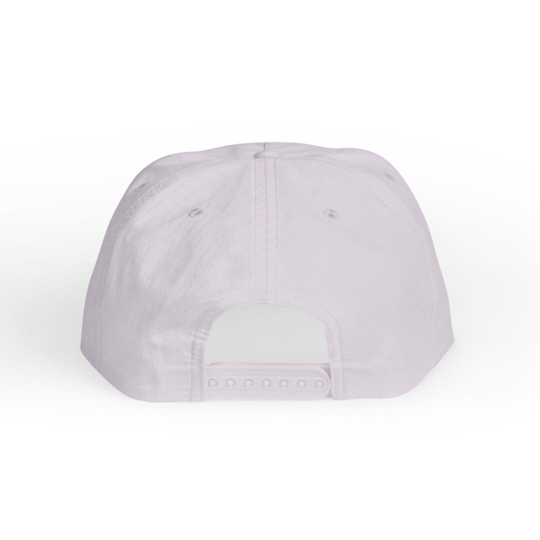 Back view of a plain white baseball cap with an adjustable strap.