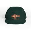 Black cap with a colorful fish embroidery and text.
