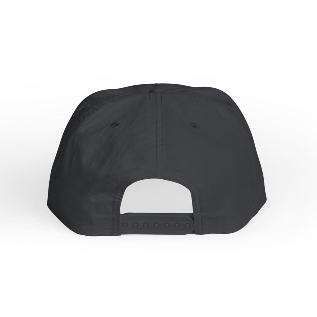Back view of a black adjustable baseball cap.
