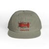 Olive green baseball cap with a red graphic design on the front.