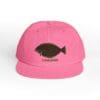 Pink cap with black fish design and text.