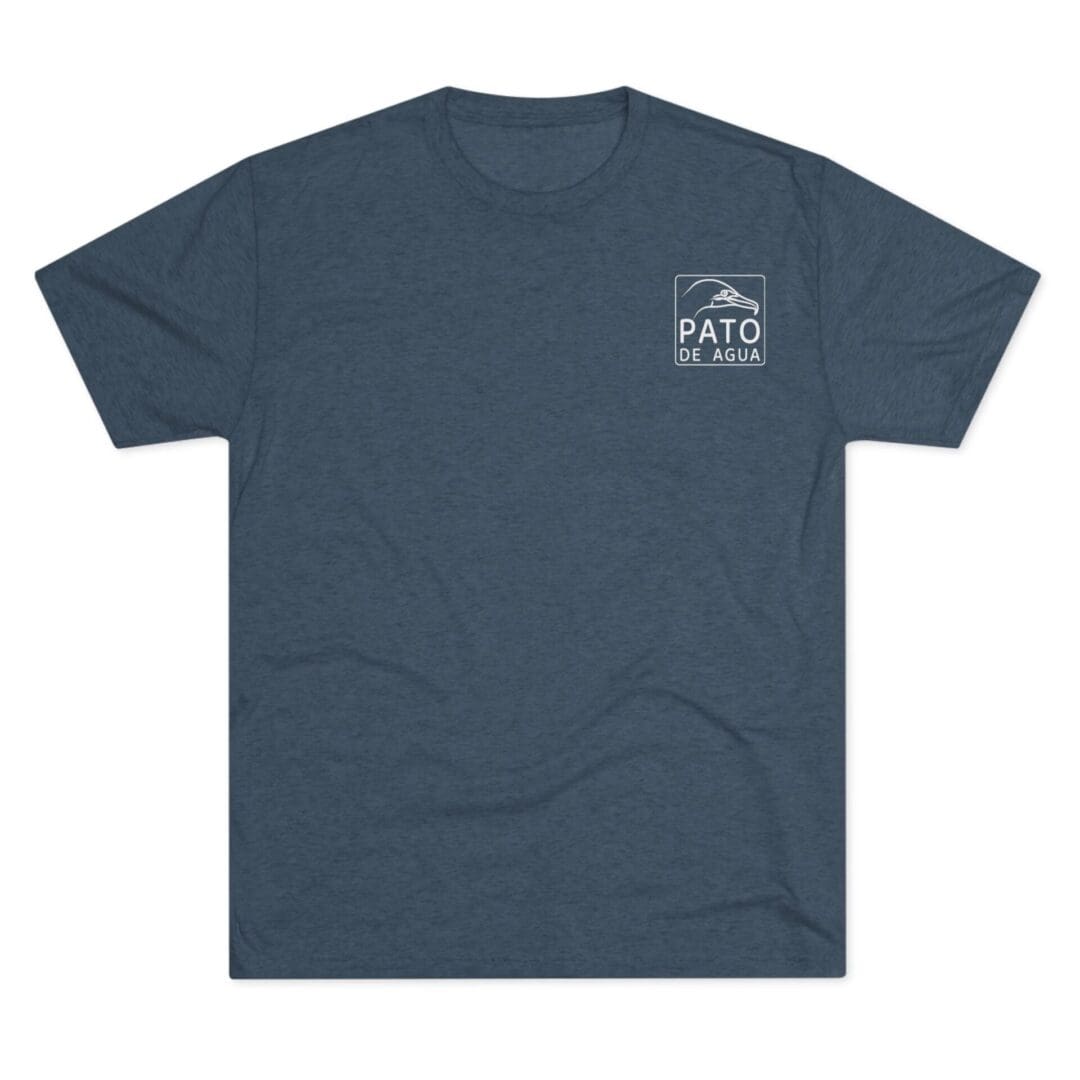 Dark blue T-shirt with a small white graphic on the chest.