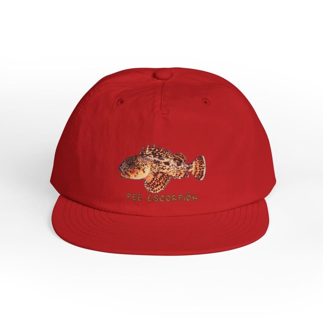 Red baseball cap with a fish embroidery on the front.
