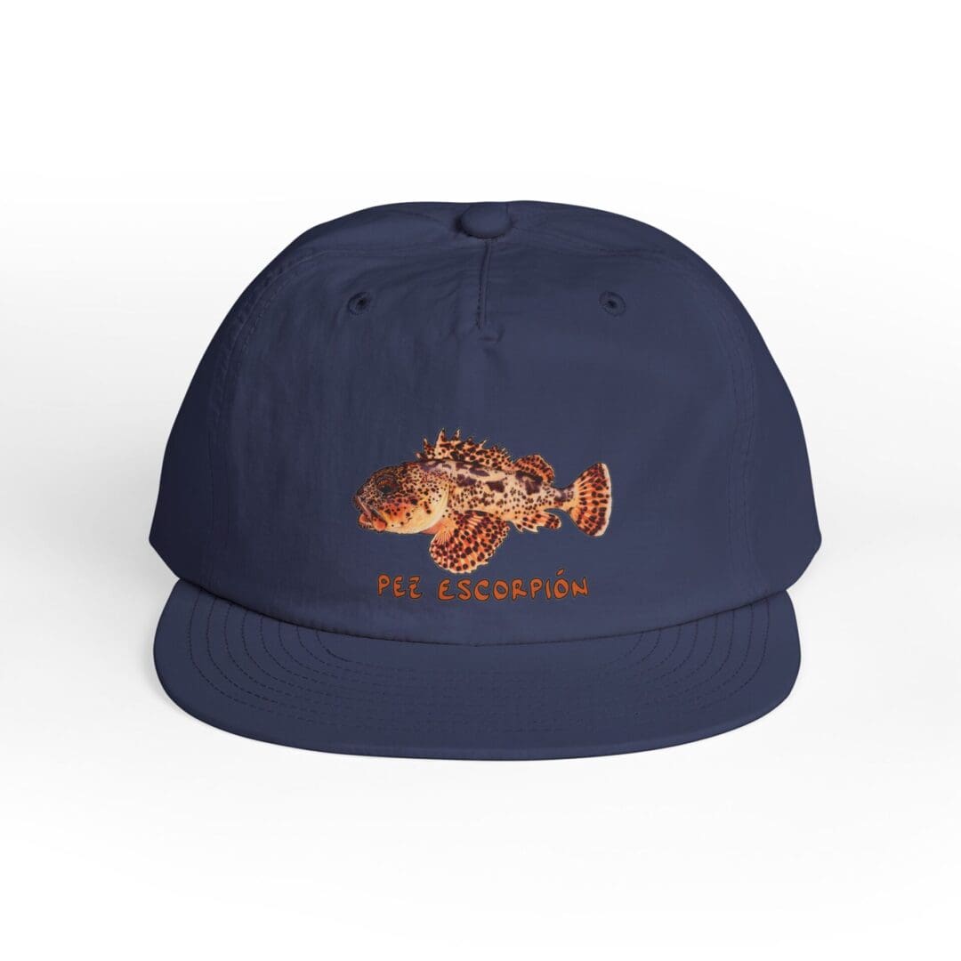 Navy blue cap with an embroidered orange lobster design.