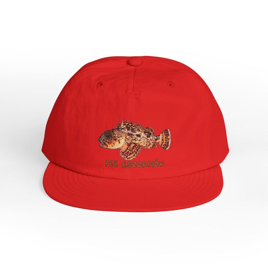 Red baseball cap with a detailed embroidered fish design.