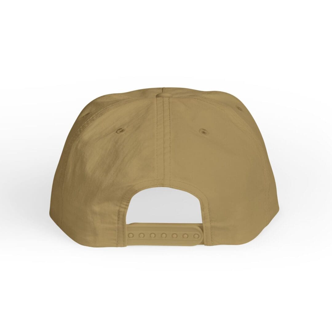 Back view of a plain tan baseball cap with adjustable strap.