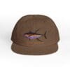 Brown cap featuring an embroidered purple fish design.