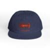 Navy blue cap with red embroidered design on front.