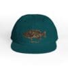 Teal baseball cap with a fish embroidered in brown on the front.