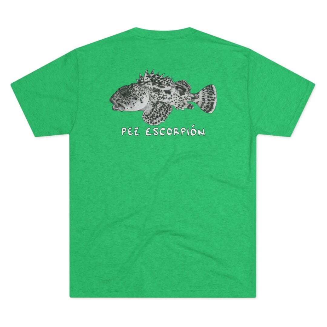 Green T-shirt with a detailed fish graphic and text.