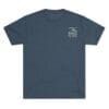 Dark blue T-shirt with a small white graphic on the chest.