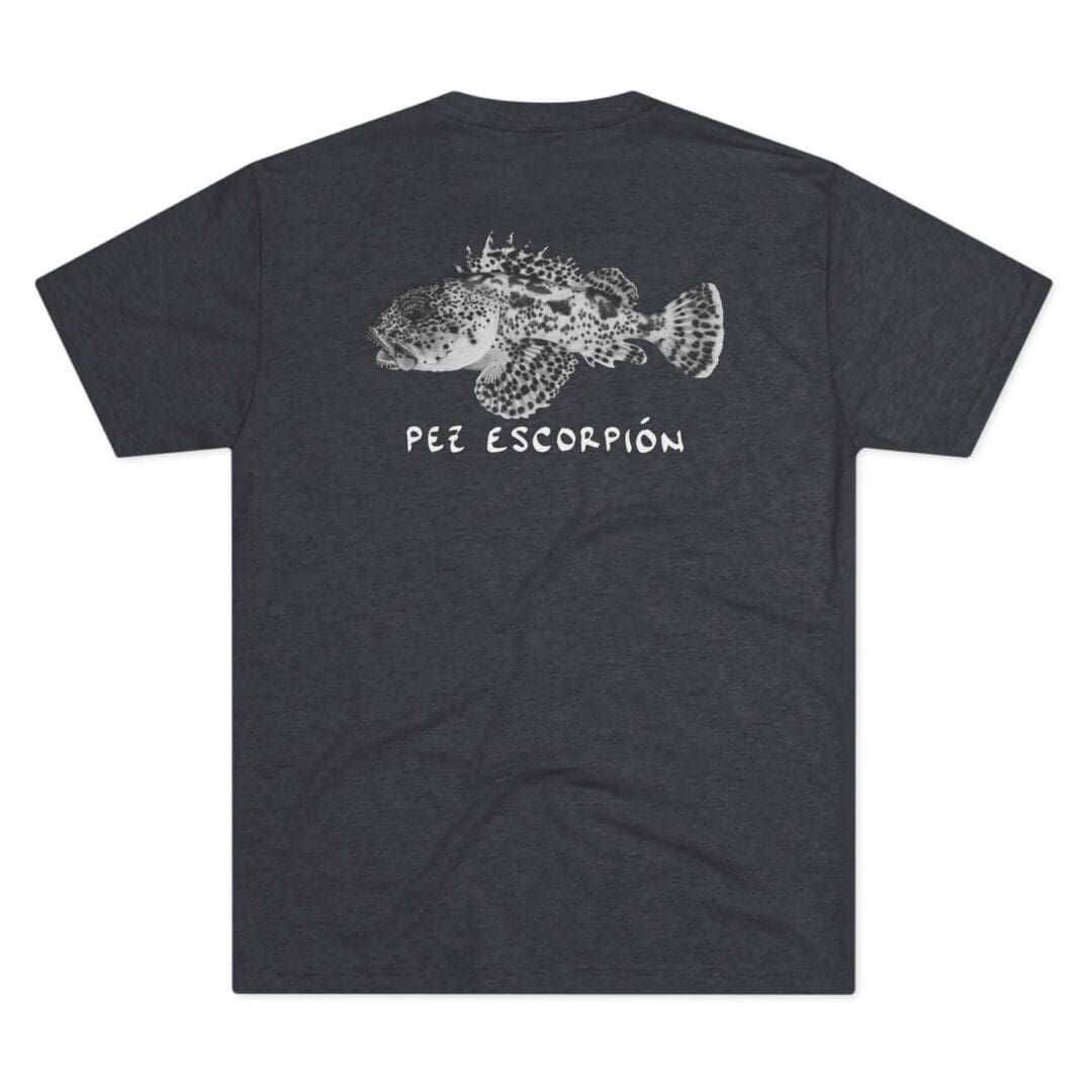 Black t-shirt with a skull and text design on the front.