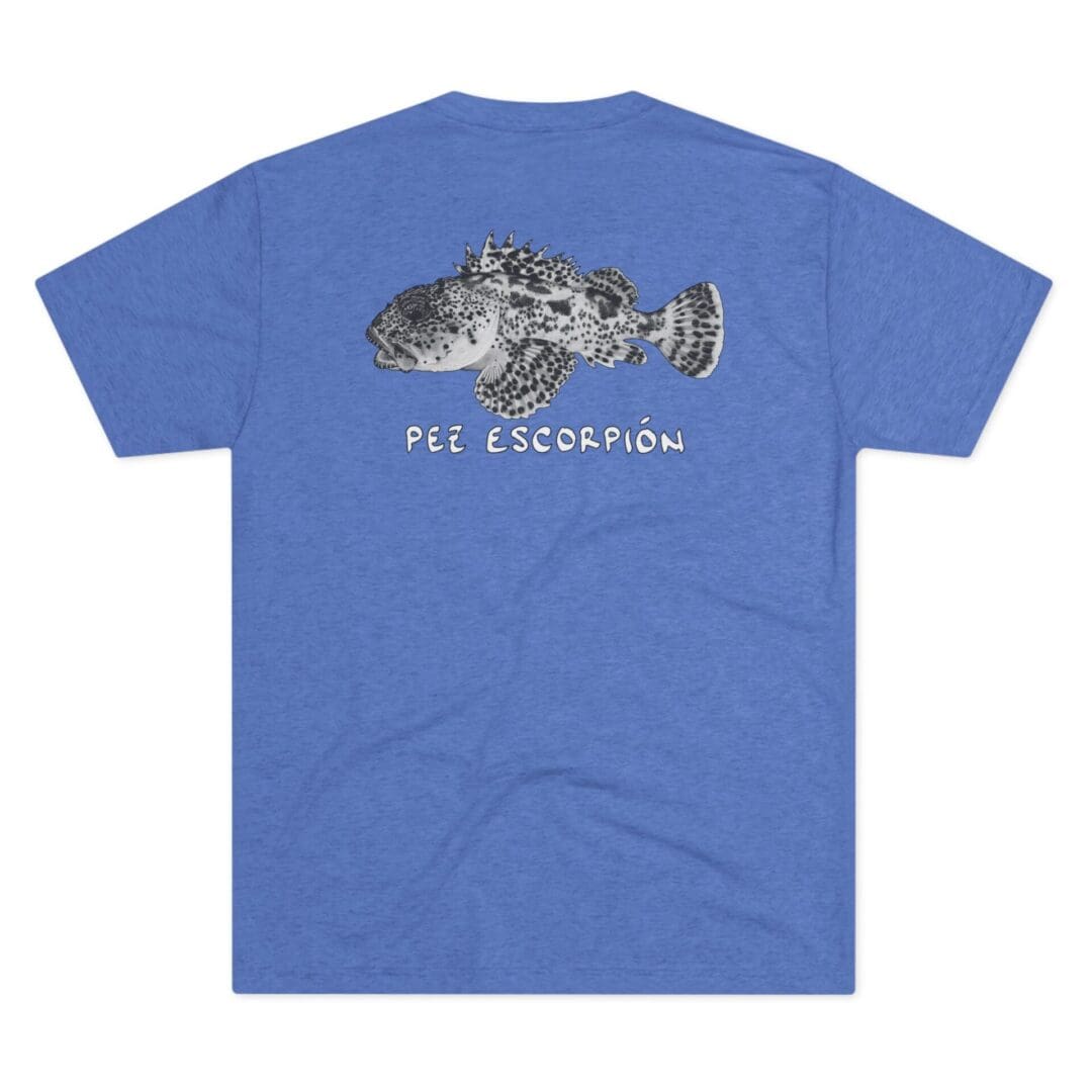 Blue T-shirt with a detailed fish graphic and text.