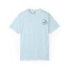 Light blue T-shirt with small graphic on chest pocket area.