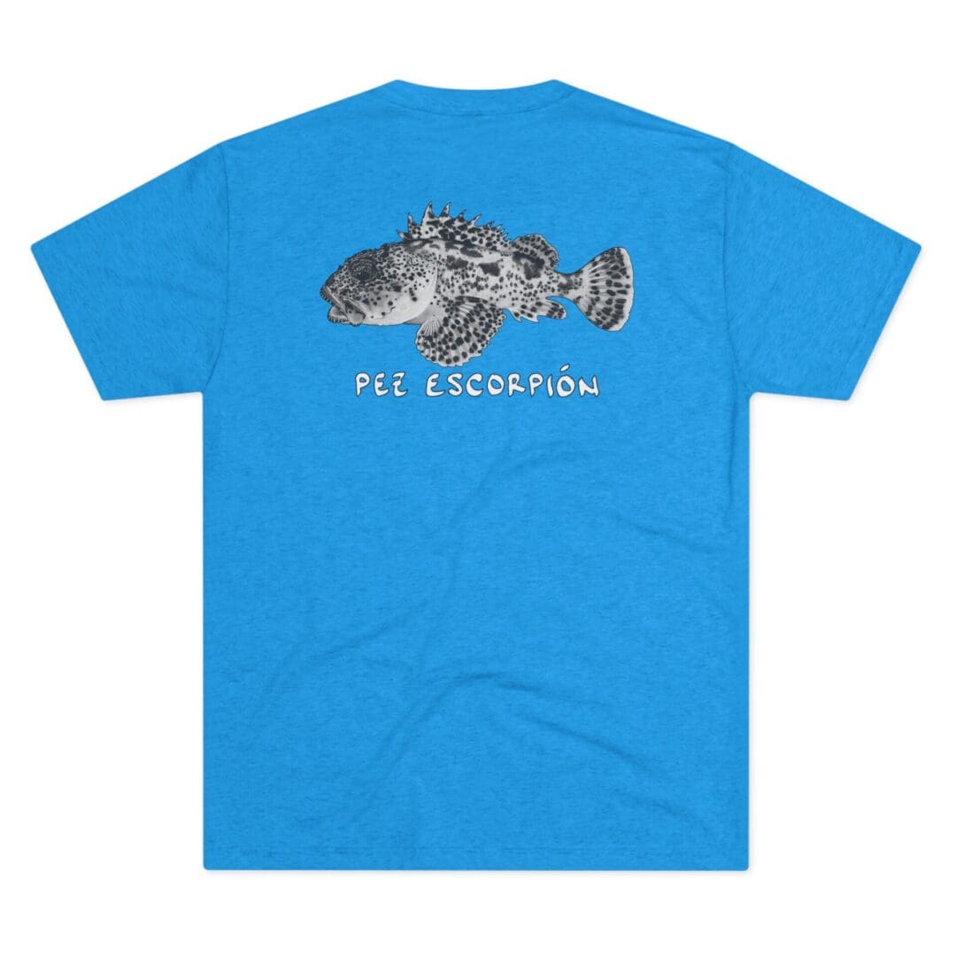 Blue T-shirt with a large fish graphic and text.