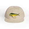 Beige cap with a colorful fish design and text.