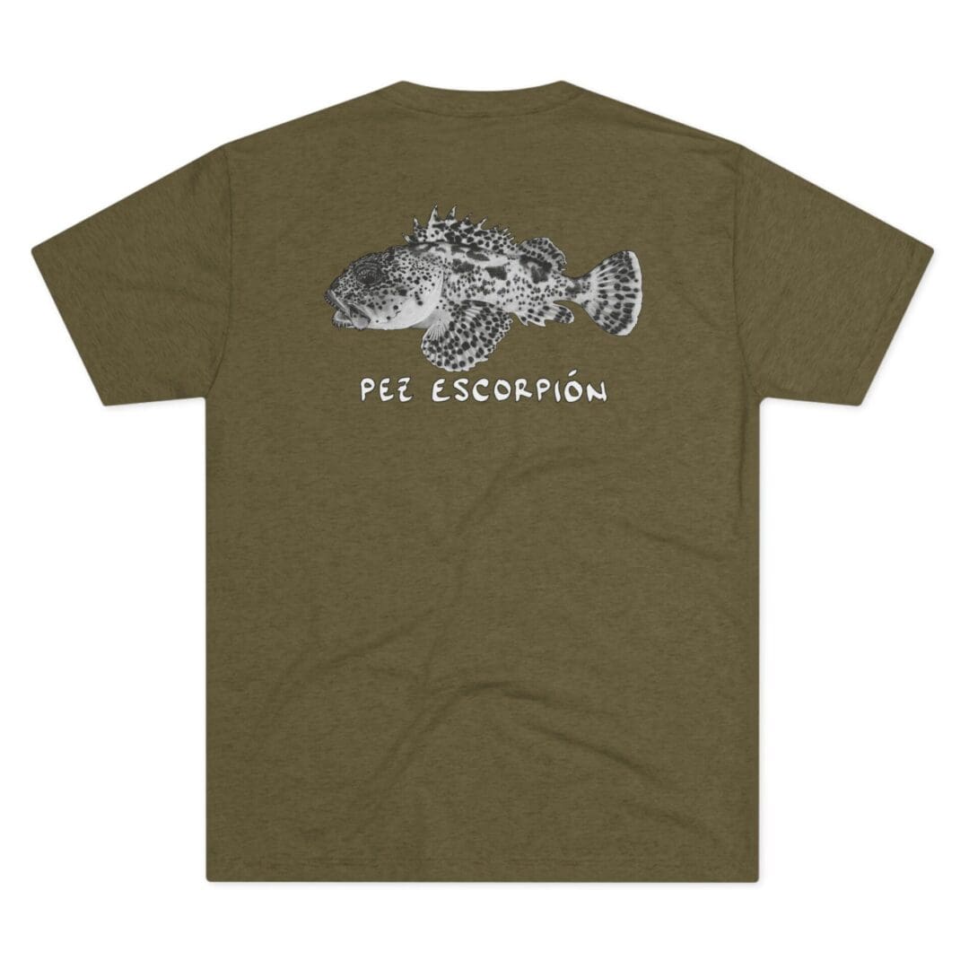 Olive green T-shirt with a white graphic and text.