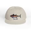 Beige baseball cap featuring a colorful fish embroidery on the front.