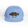 Light blue cap with a detailed fish design and 