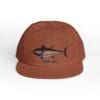 Brown cap featuring a blue marlin fish and text design.