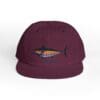 Maroon cap with embroidered fish design on front.