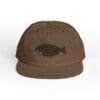 Brown baseball cap with a fish design on the front.