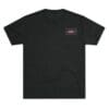 Black T-shirt with a small rectangular logo on the chest.