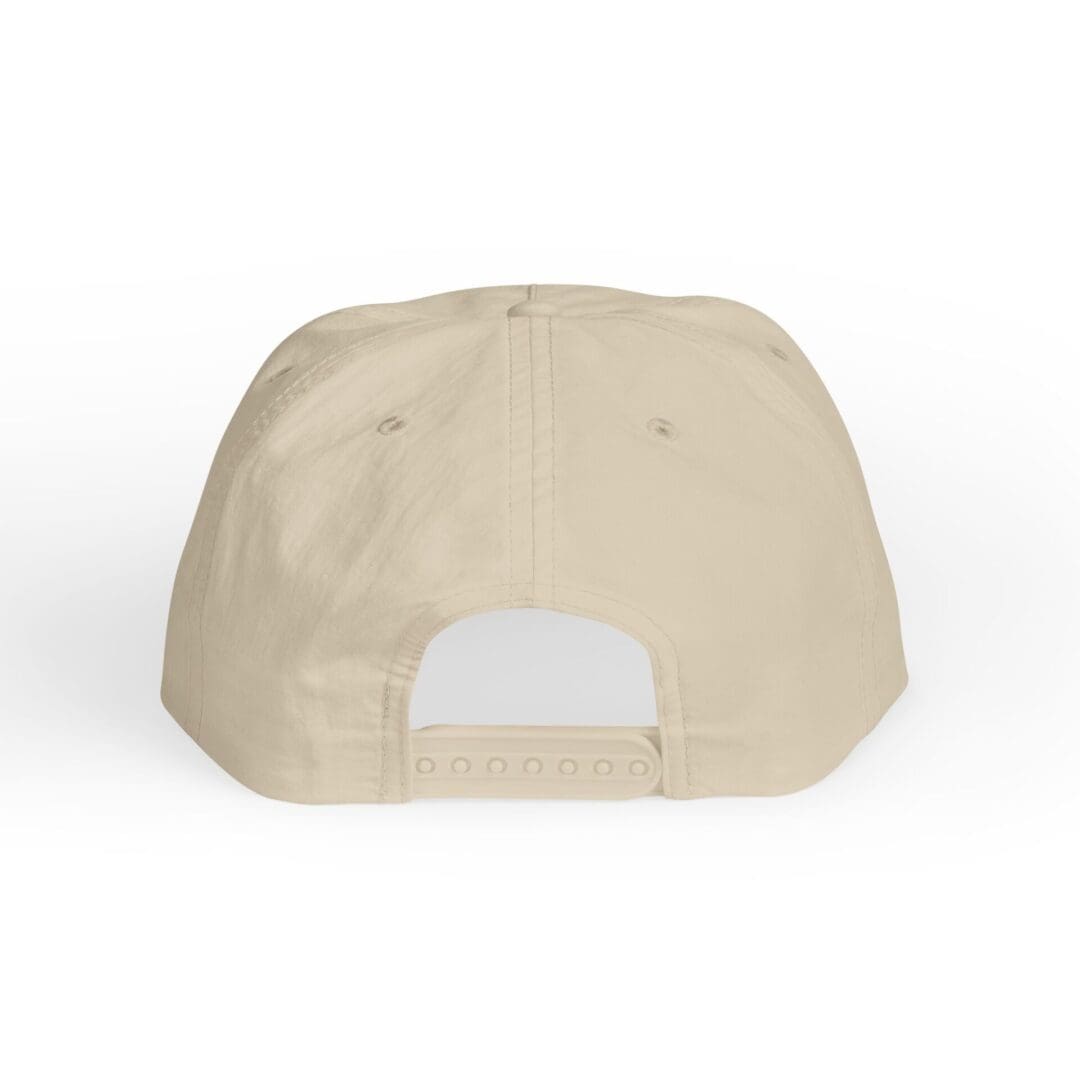 Back view of a beige baseball cap with an adjustable strap.