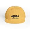 Yellow cap with a fish logo and text on front.
