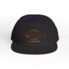 Black cap with a gold embroidered fish design on the front.
