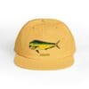 Yellow cap with a fish illustration and text.