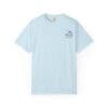 Light blue T-shirt with small black text on the chest.