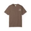 Brown short-sleeve t-shirt with small white design on chest.