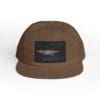 Brown baseball cap with a rectangular patch featuring a stylized bird design.