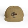 Brown cap with an embroidered insect and text.