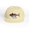 Beige cap with a colorful shark graphic and text.