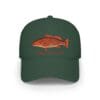 Dark green baseball cap with a red fish design and text.