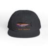 Black baseball cap with a colorful fish embroidered and text.