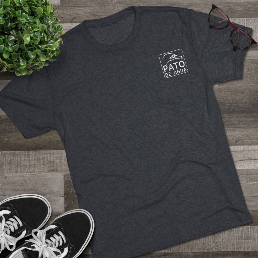 Dark gray V-neck t-shirt with a small logo on the chest.