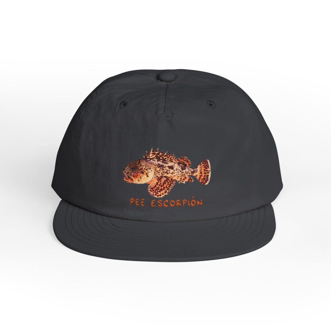 Black cap with an embroidered colorful fish design on the front.