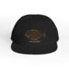 Black cap with a brown fish design and text.