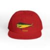 Red cap with a colorful fish design and the word 