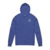 Blue hooded sweatshirt with front pocket and small logo.