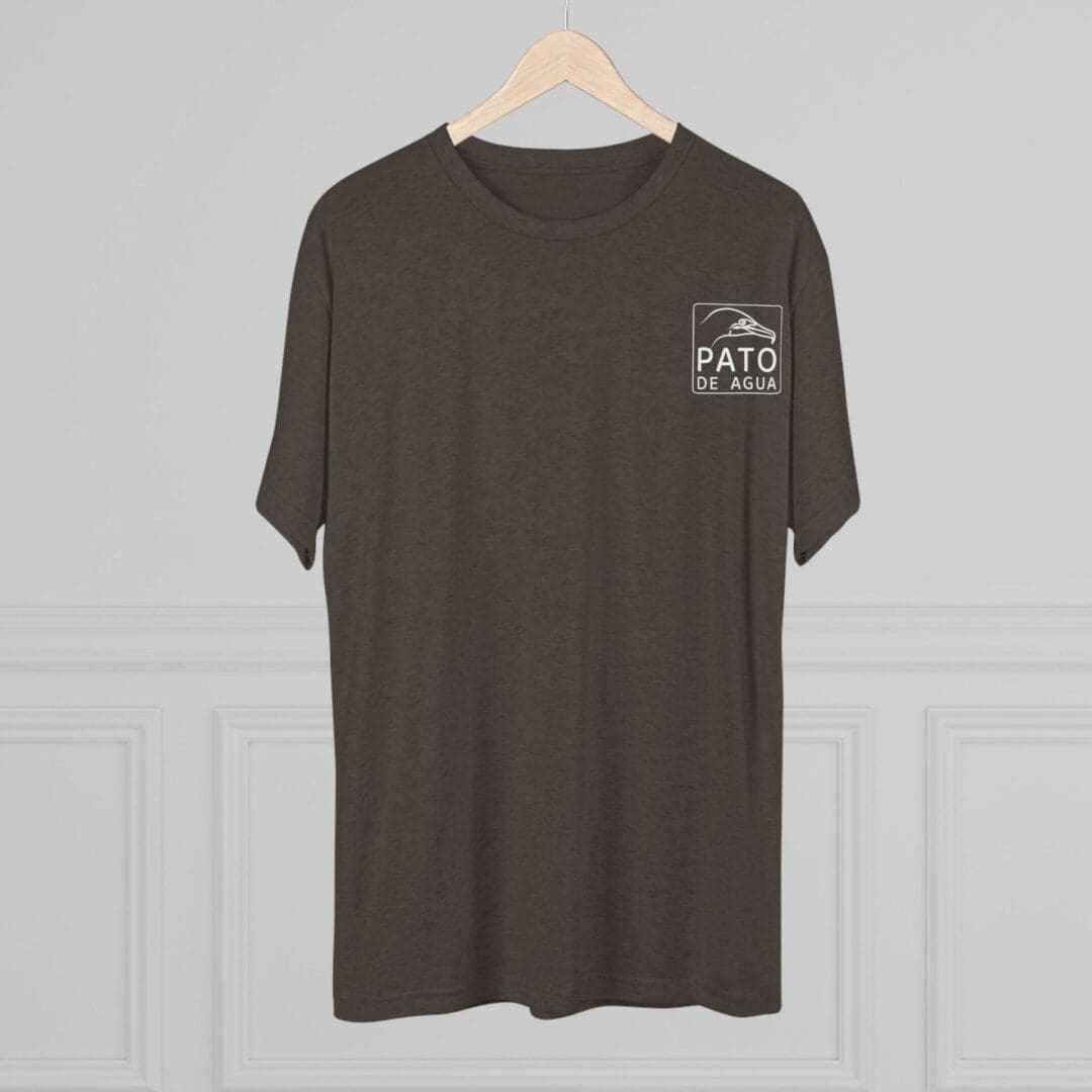 Dark gray T-shirt with a small white logo on the chest.