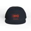 Black baseball cap with red graphic and text