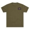 Olive green T-shirt with a small dark rectangular patch on the chest.